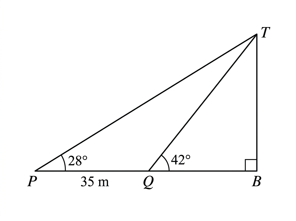A vertical tower BT with base B on horizontal ground. Points P and Q lie on the same straight horizontal line on one side of B, with Q between P and B. The distance PQ is labelled. Lines of sight from P and Q to T are drawn, with the two angles of elevation labelled.