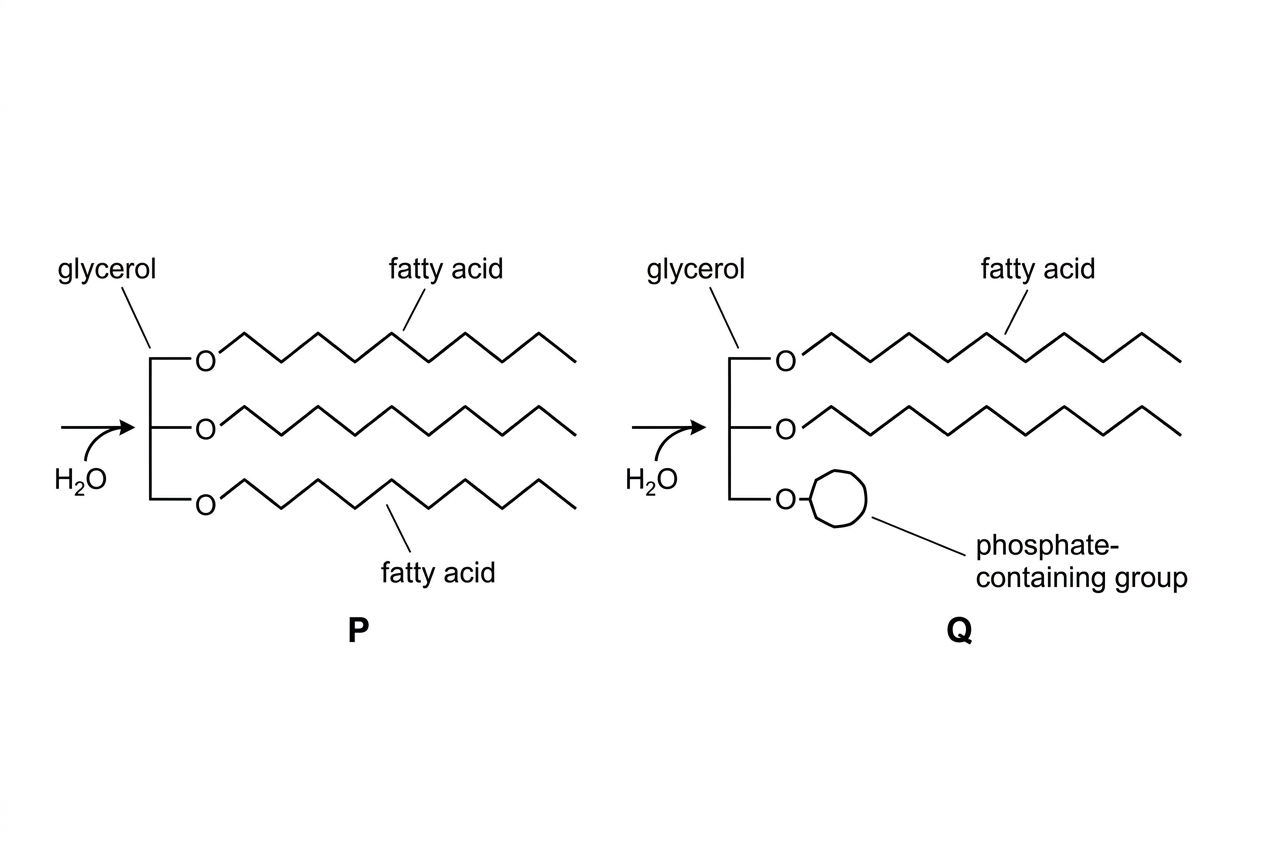 A schematic diagram showing glycerol linked by ester bonds to either three fatty acid chains, labelled lipid P, or two fatty acid chains plus a phosphate-containing group, labelled lipid Q. The fatty acid chains are drawn as long hydrocarbon tails. The phosphate-containing group is shown as a distinct polar head region. No lipid names are provided in the figure.