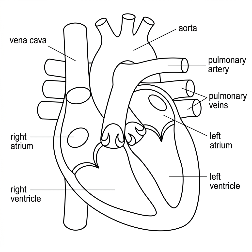 A clean black-and-white frontal diagram of a mammalian heart with chambers and major blood vessels visible. The vena cava, right atrium, right ventricle, pulmonary artery, pulmonary veins, left atrium, left ventricle and aorta are labelled. Atrioventricular and semilunar valves are drawn but not named. The left ventricular wall is visibly thicker than the right ventricular wall, and a septum separates the two sides.