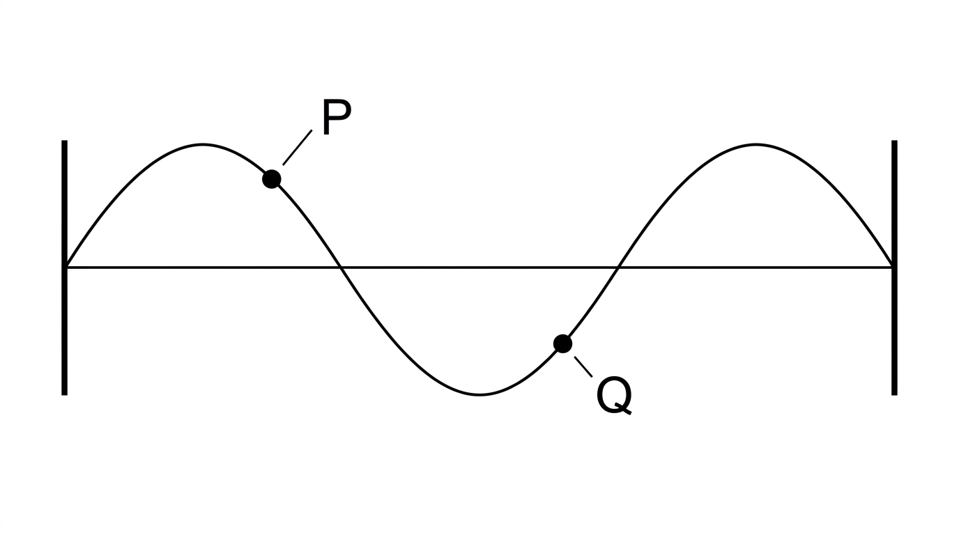 Diagram of a standing wave on a string fixed at both ends, with points P and Q in adjacent loops and not both at antinodes; nodes and antinodes visually identifiable but not labelled with distances.