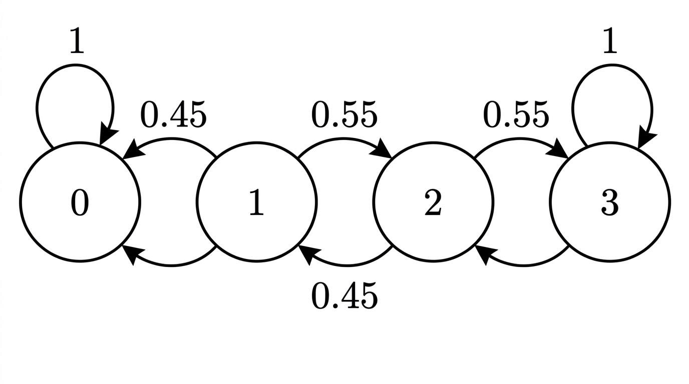 A gambler's-ruin transition diagram with four states in a line, labelled $0,1,2,3$. Show exactly these six directed transitions, with clear arrowheads and labels: $0\to0$ with probability $1$; $1\to0$ with probability $0.45$; $1\to2$ with probability $0.55$; $2\to1$ with probability $0.45$; $2\to3$ with probability $0.55$; and $3\to3$ with probability $1$. Do not show any other transitions.