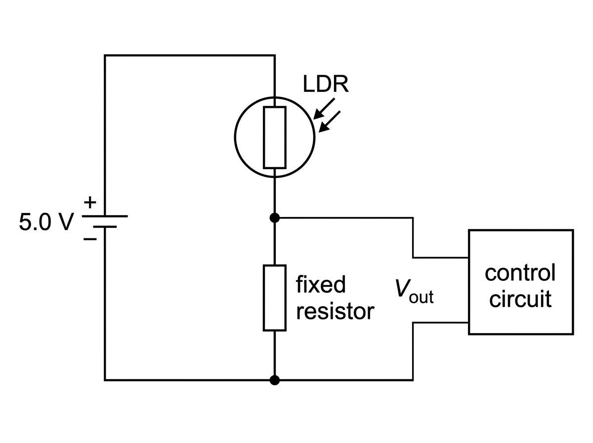 Potential divider circuit with a 5.0 V dc supply, LDR connected to the positive terminal, fixed resistor connected to the negative terminal, and output measured across the fixed resistor feeding a control circuit.