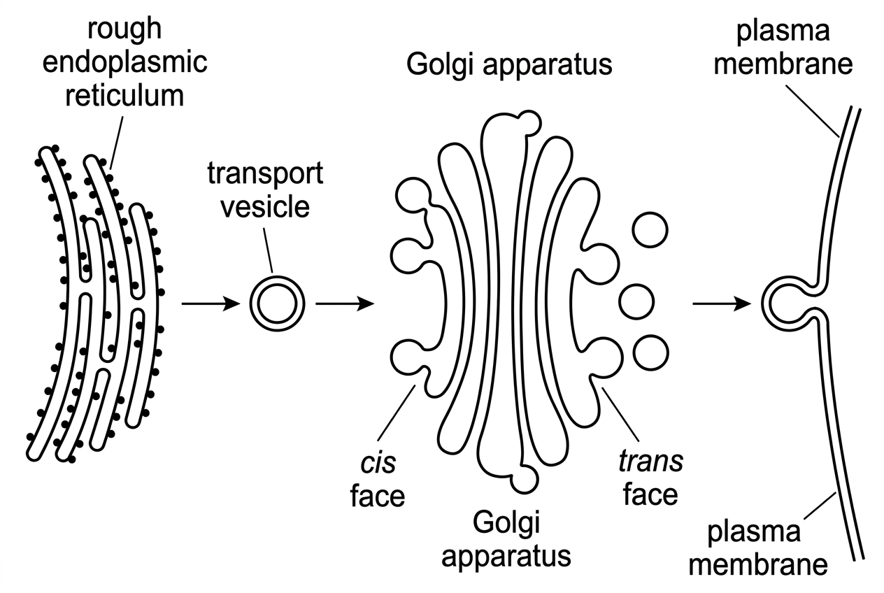 A pathway diagram showing rough ER, transport vesicles moving to the cis face of a Golgi stack, stacked Golgi cisternae, vesicles budding from the trans face and fusing with the plasma membrane. Labels should identify organelles and faces only, not the processing steps.