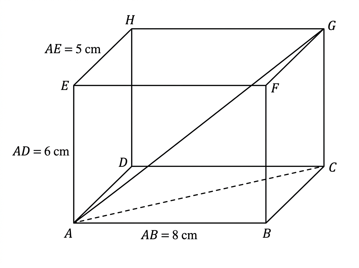 A labelled cuboid with base rectangle, vertical edges, vertex A at a lower corner and opposite top vertex G. The three perpendicular edge lengths from A are labelled as the length, width and height. The space diagonal AG is drawn, and its projection on the base is indicated.