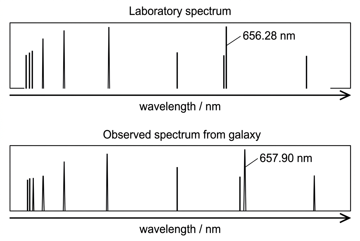 An emission spectrum comparison showing a laboratory hydrogen line pattern above an observed galaxy line pattern. The observed pattern is displaced as a whole toward longer wavelength relative to the laboratory pattern. The wavelength axis is labelled in nanometres, with no exact numerical tick values required in the visual.