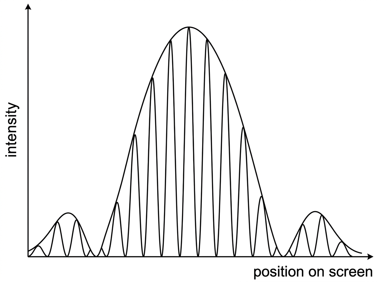 An intensity-against-position sketch for a real double-slit pattern. Regular narrow interference fringes are shown beneath a broad single-slit diffraction envelope. The central fringe is brightest, fringes fade away from the centre, and some expected interference orders are suppressed at the envelope minima. No numerical positions are shown.