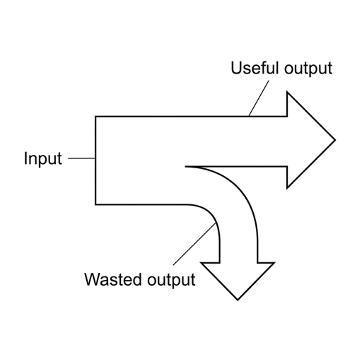 A Sankey diagram with one input arrow from the left splitting into a useful output arrow continuing to the right and a wasted output branch downward. The useful arrow is wider than the wasted branch, and the combined output widths match the input width. Labels identify input, useful output and wasted output.