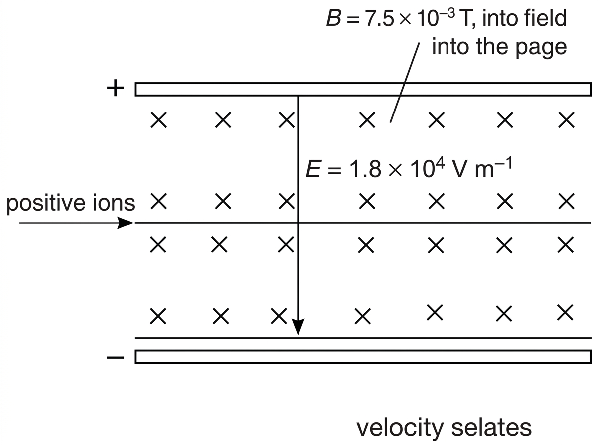 Diagram of a velocity selector with two horizontal plates producing a downward electric field. Positive ions enter from the left with a horizontal velocity arrow. The magnetic field is represented using either dots or crosses throughout the selector, with its direction labelled. The diagram should not show the selected path or deflected paths.