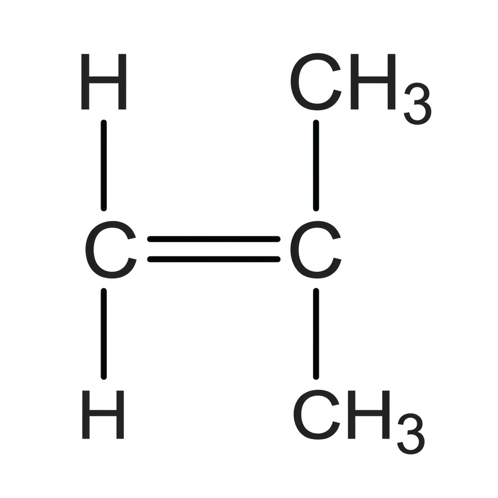 Displayed structural formula of 2-methylpropene showing a carbon-carbon double bond. One double-bond carbon is bonded to two hydrogen atoms and the other double-bond carbon is bonded to two methyl groups. No polymer structure is shown.