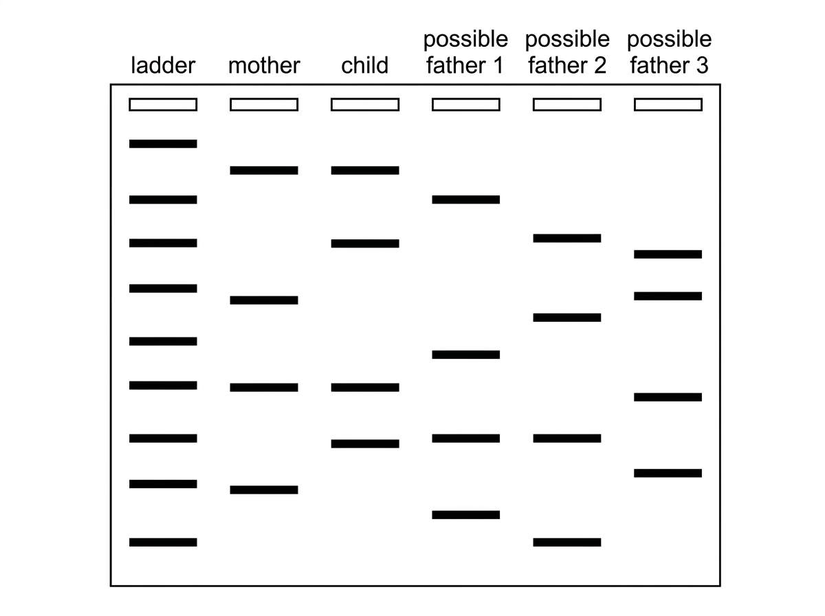 Gel electrophoresis DNA profile with lanes labelled ladder, mother, child, possible father 1, possible father 2 and possible father 3. The child shares some bands with the mother and the remaining bands match only one possible father across multiple marker positions.