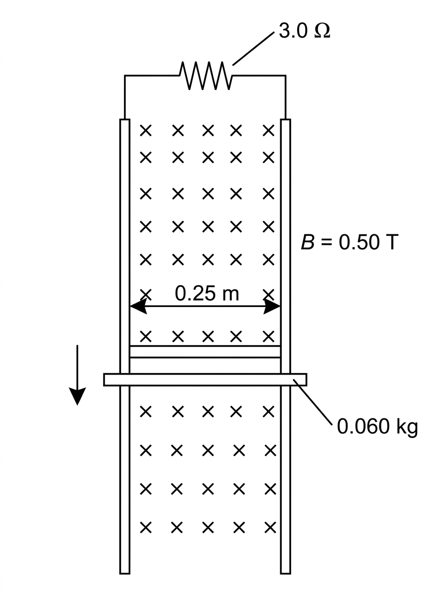 Two vertical conducting rails connected at the top by a resistor labelled $3.0\ \Omega$. A horizontal rod bridges the rails and is falling downward between them. A uniform magnetic field perpendicular to the page is represented by dot or cross symbols. The rail separation/rod length is labelled $0.25\ \text{m}$ and the rod mass is labelled $0.060\ \text{kg}$.