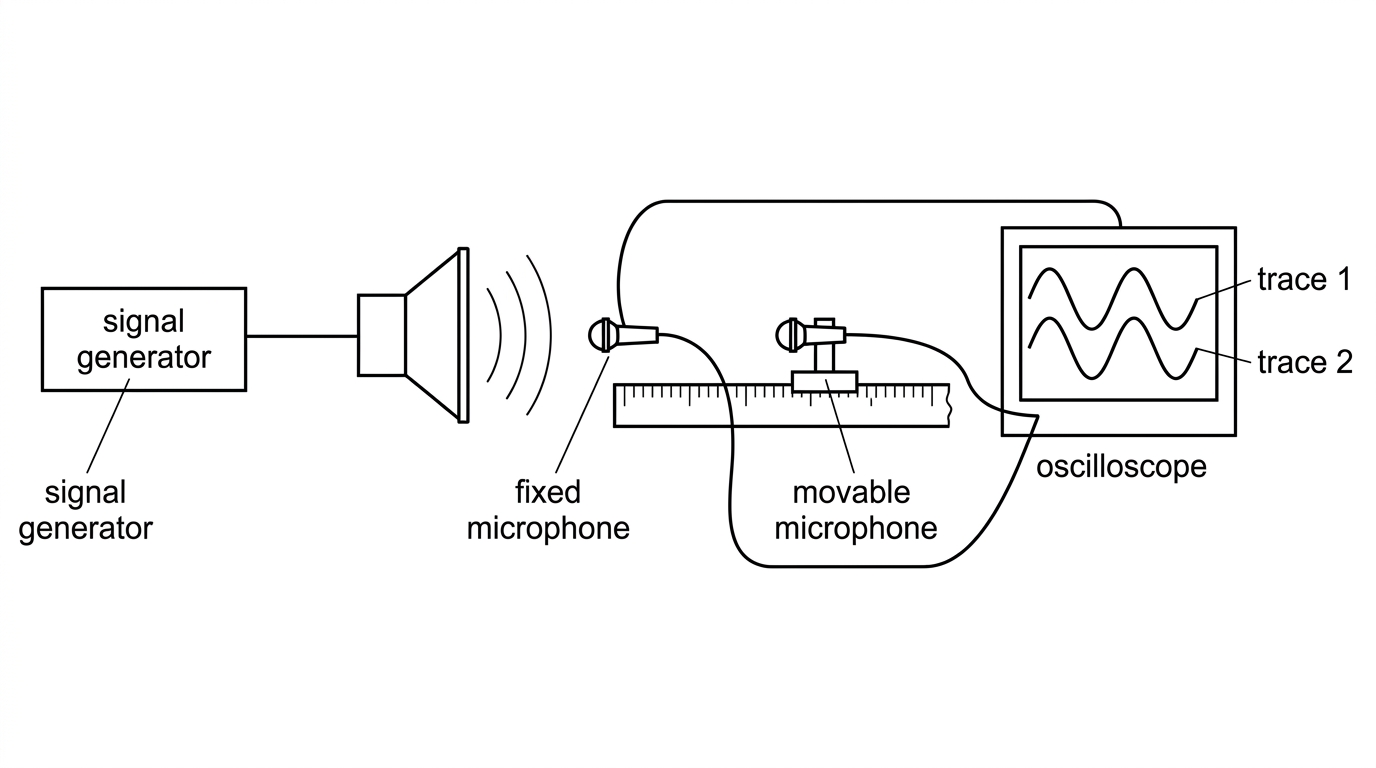 A laboratory arrangement showing loudspeaker, signal generator, fixed microphone, movable microphone on a ruler, and oscilloscope with two traces. The visual should not include numerical readings.