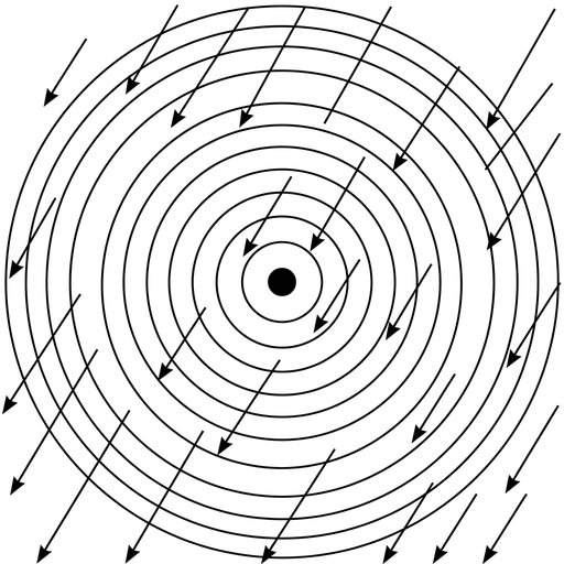 A central circular planet with several concentric circular equipotential surfaces. Slanted straight field lines pass across the diagram at oblique angles to the concentric circles, with arrowheads generally downward rather than toward the centre.