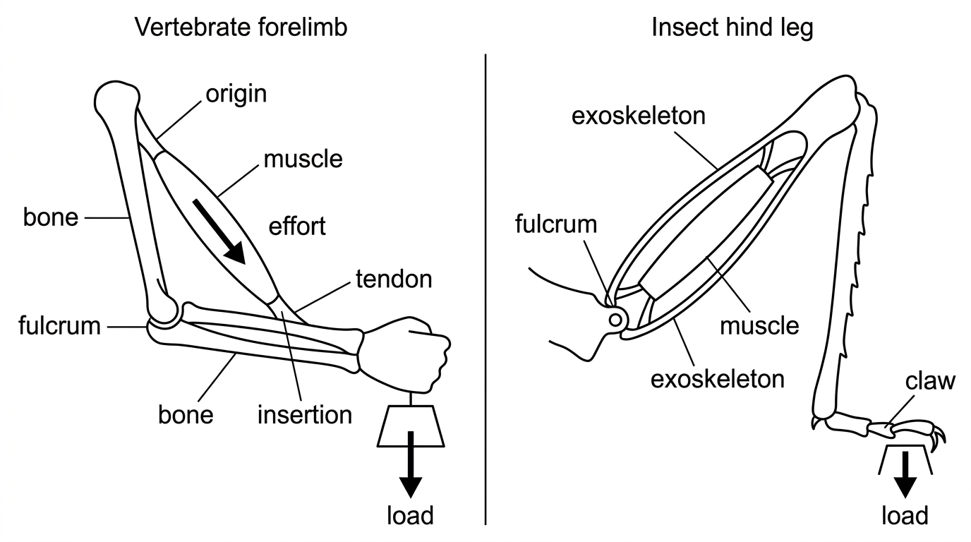 A side-by-side diagram. One panel shows a simplified vertebrate limb with internal bone, a joint as fulcrum, a muscle attached by tendons, and labels for origin, insertion, effort and load. The other panel shows an insect leg with an external exoskeleton, internal muscle attachments to exoskeletal plates, a joint and a load at the distal end. The visual should show lever geometry but not state mechanical advantages.