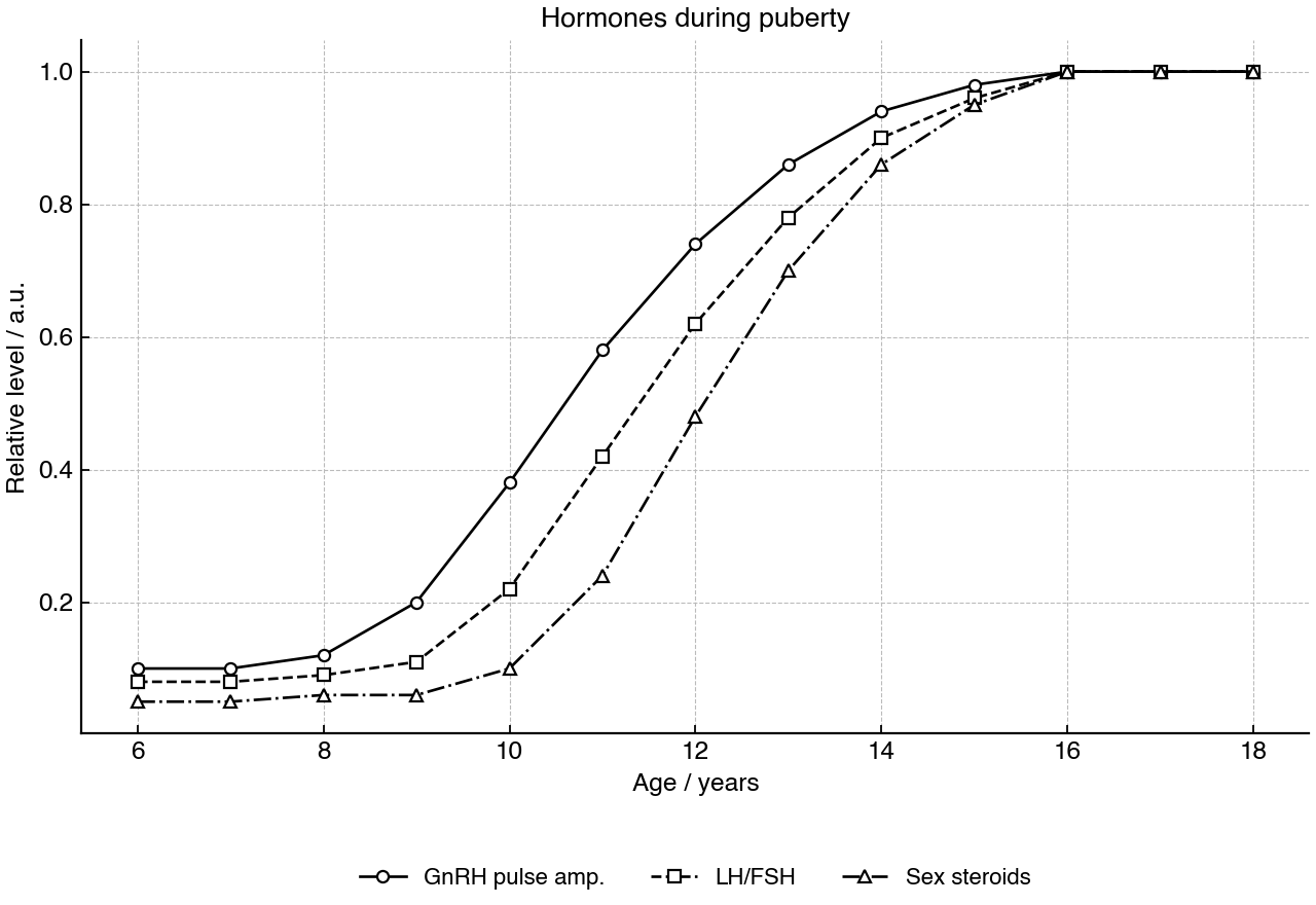 Mean relative levels of reproductive hormones from childhood through puberty.