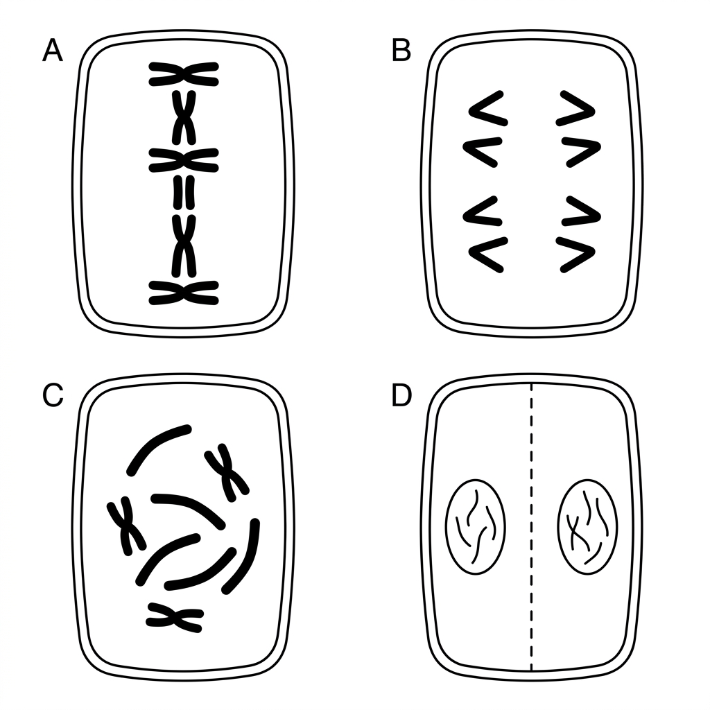 Four simple labelled root-tip cell drawings showing mitotic chromosome arrangements: alignment at equator, two separating chromosome groups, condensing non-aligned chromosomes, and two reforming nuclei at opposite poles.