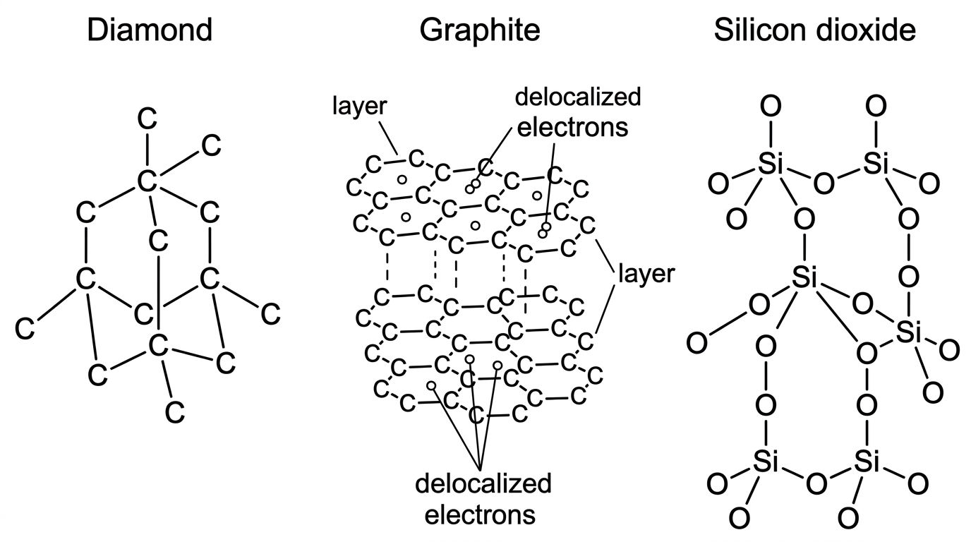 A three-panel schematic of covalent network structures. One panel shows a three-dimensional tetrahedral carbon network for diamond. One panel shows graphite as stacked hexagonal layers with weak attractions between layers and delocalized electrons within layers. One panel shows silicon dioxide as a continuous network with silicon atoms bonded to four oxygens and oxygen atoms bridging two silicon atoms. Labels identify only the substances and general structural features, not properties.