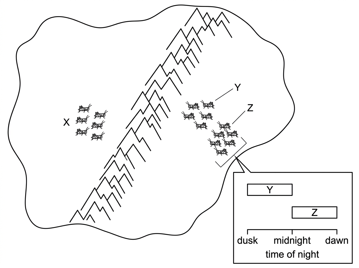 Map-style diagram with cricket populations X, Y and Z, a mountain barrier separating X from Y, and an inset showing different nightly calling times for Y and Z in the same valley.