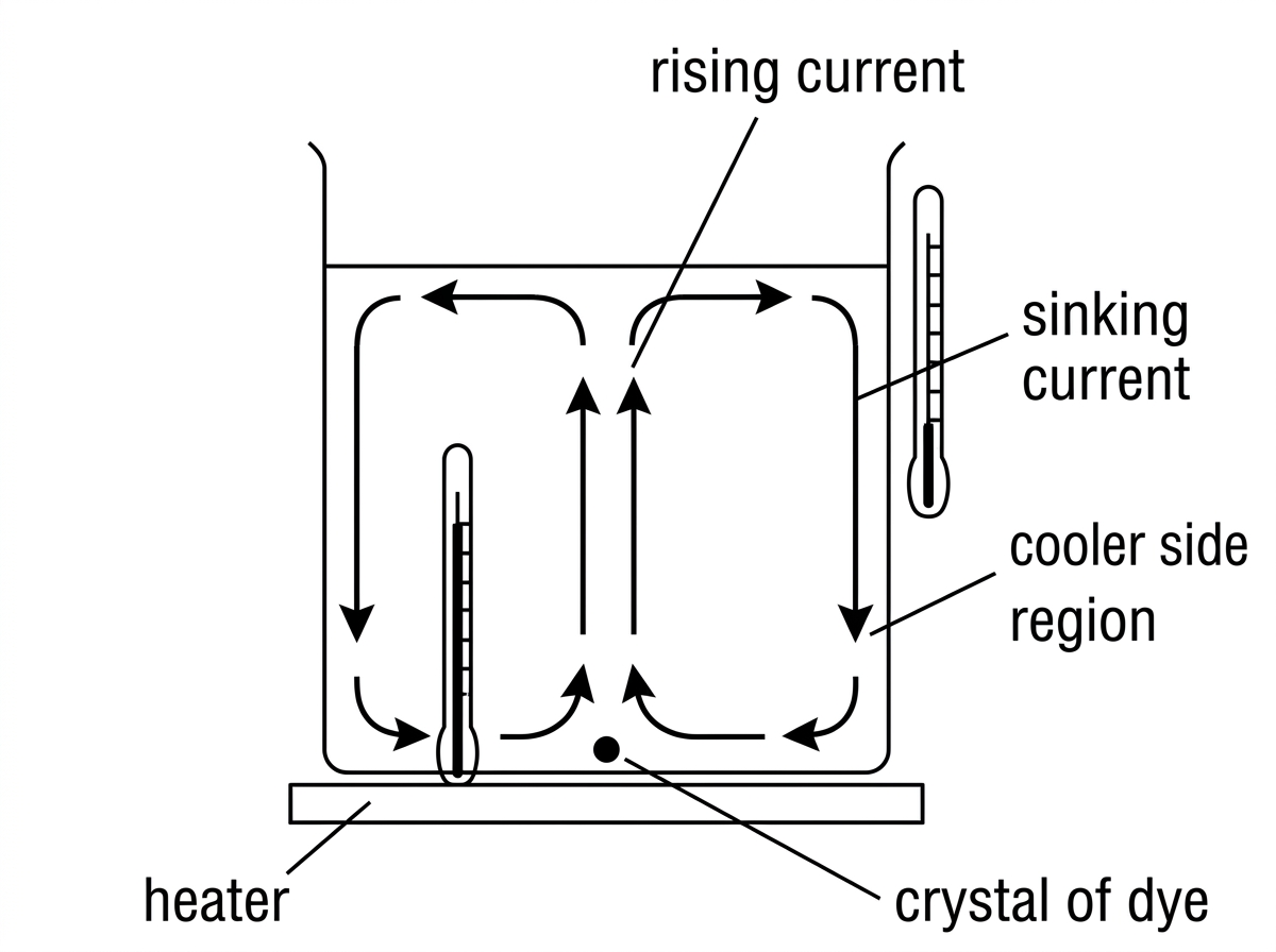 An annotated side-view diagram of a beaker of water on a heater. Arrows show coloured warm water rising above the heater, moving sideways near the top surface, sinking near the cooler sides and returning along the bottom. A thermometer near the heater reads higher than one near the side. The heater, cooler side region, rising current and sinking current are labelled.