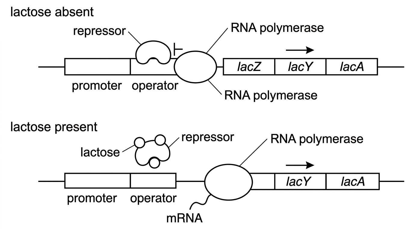 Two-panel lac operon diagram. Panel 1 shows absence of lactose with a repressor bound to the operator/regulatory region and RNA polymerase blocked. Panel 2 shows lactose present, lactose bound to the repressor so it is not bound to DNA, and RNA polymerase transcribing structural genes for lactose use.