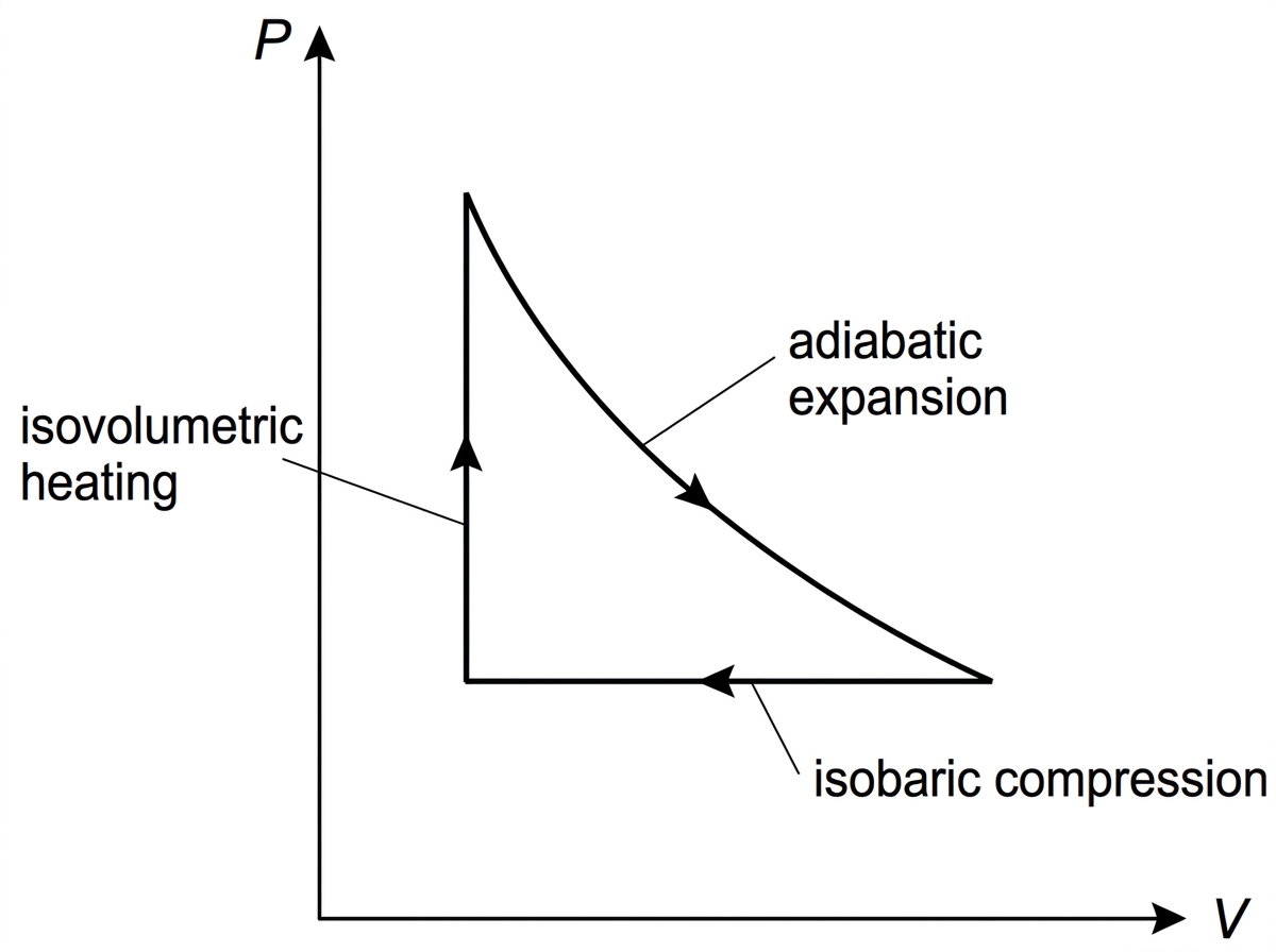 P–V diagram with three labelled stages forming a clockwise triangular-like cycle: vertical isovolumetric heating, curved adiabatic expansion, and horizontal isobaric compression back to the initial state.