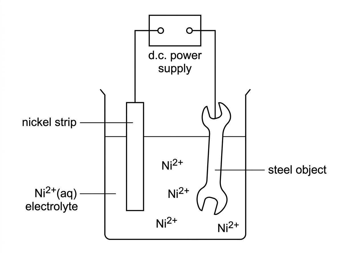 Electroplating cell with DC power supply, nickel anode, steel object, and electrolyte containing Ni2+ ions; labels for electrodes and power supply terminals are omitted so candidates must assign them.