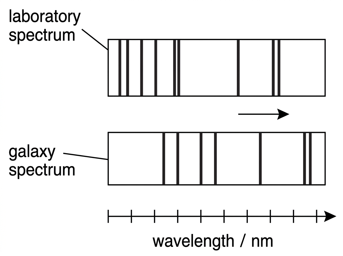 A comparison of a laboratory absorption spectrum and a galaxy absorption spectrum. Several dark lines in the galaxy spectrum are shifted together towards longer wavelength relative to the laboratory spectrum. A wavelength scale increases from left to right.