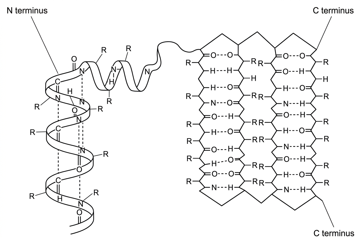 A schematic diagram of a polypeptide segment showing one alpha-helical region and one beta-pleated sheet region. Hydrogen bonds are indicated by dashed lines in both regions, but the diagram does not name the structures. R-groups are shown projecting outward from the backbone. The N and C termini are labelled.