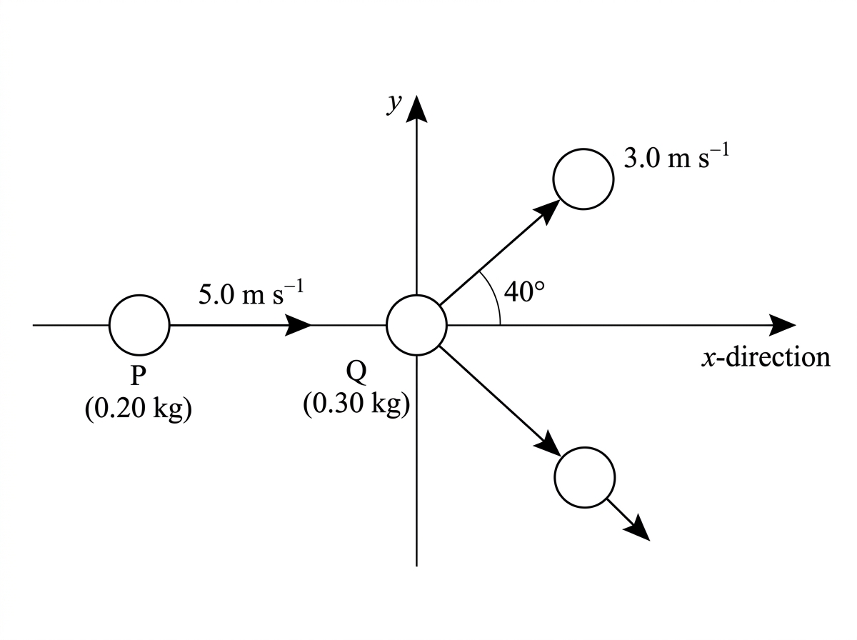 Top-view air-table diagram showing puck P approaching puck Q along a horizontal line. After collision, puck P is shown moving above the original direction at a labelled angle. Puck Q's final direction is not labelled with a value. Coordinate axes are shown with x along the original direction and y perpendicular.