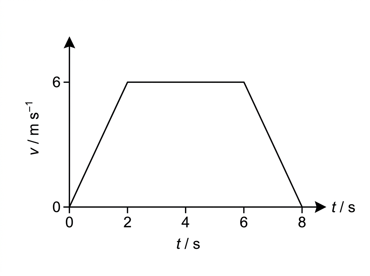 A velocity-time graph with $v$ on the vertical axis and $t$ on the horizontal axis. The graph consists of straight-line segments: it starts at the origin, rises linearly to a positive velocity, remains horizontal for a while, then decreases linearly to the time axis. The time intervals and velocity level are labelled so that the areas form one triangle, one rectangle and one triangle with simple values.