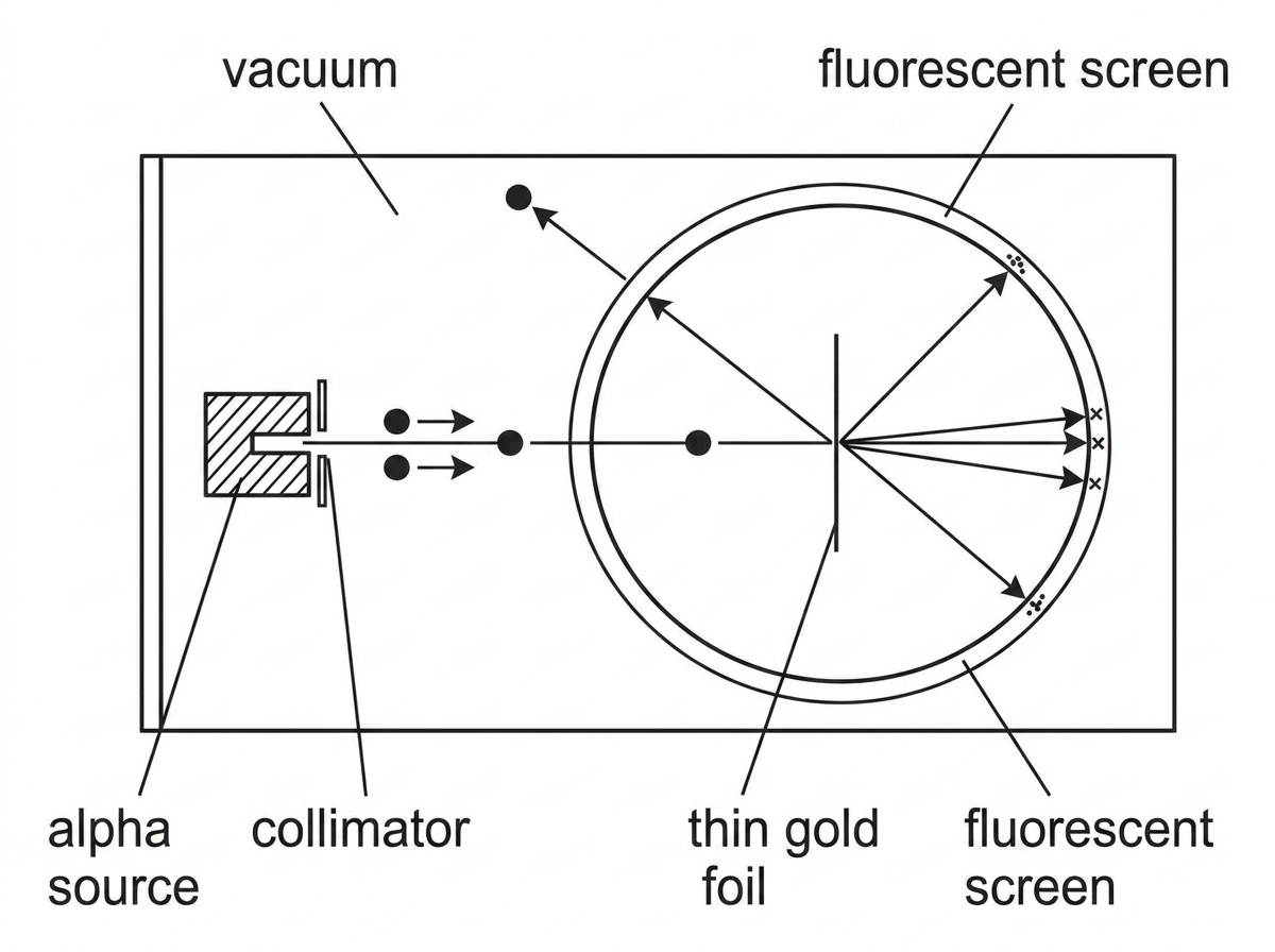 A labelled apparatus diagram for the Geiger-Marsden-Rutherford experiment showing an alpha-particle source, a collimated beam, a very thin gold foil, and a surrounding fluorescent screen. The diagram should show most alpha particles continuing nearly straight and a very small number undergoing large-angle deflection, without giving explanatory annotations about the nucleus.