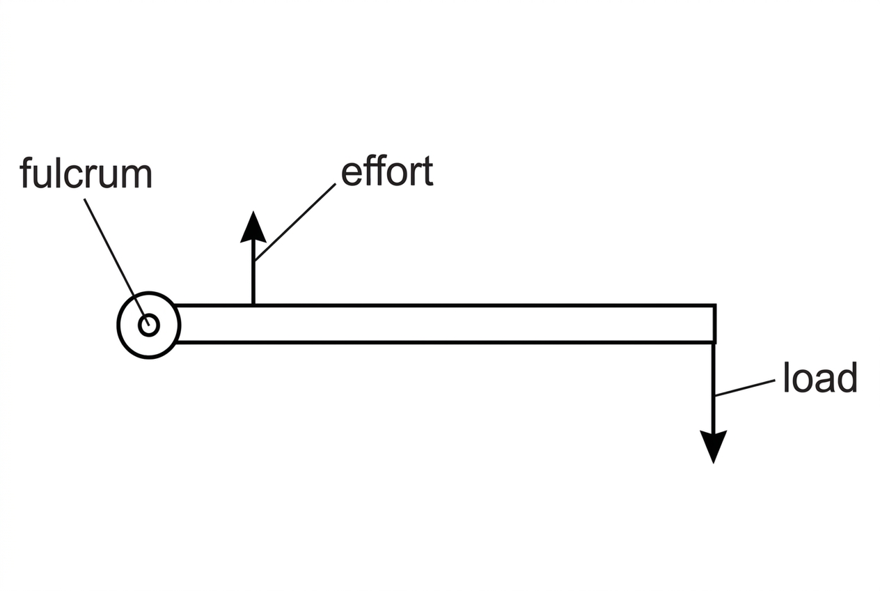 Lever diagram of a limb segment pivoting at a joint, with muscle force applied near the joint and the load at the distal end; labels for fulcrum, effort and load positions but not their effects.