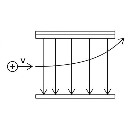 A small option diagram showing two parallel horizontal plates, a positive ion entering from the left midway between them with a horizontal velocity arrow, and a smooth parabolic track curving upward as it travels to the right. The electric field direction is indicated by several downward arrows between the plates.