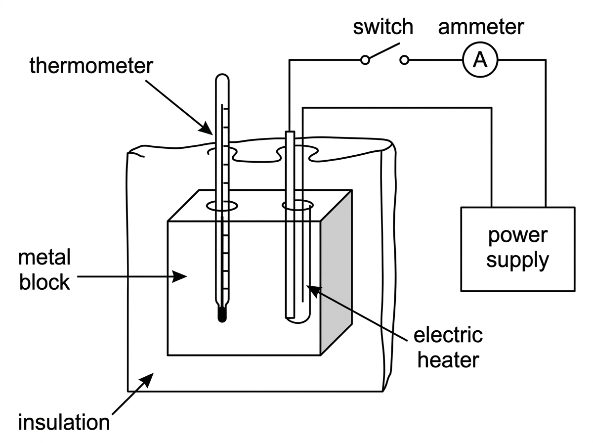 A metal block with an inserted electric heater and thermometer, connected to a power supply; insulation around the block is shown.