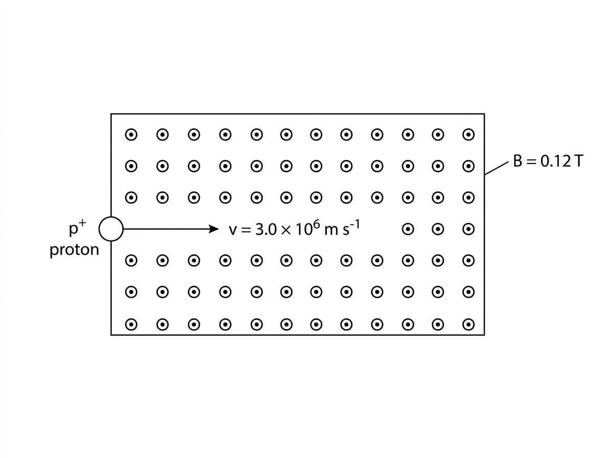 Top-view diagram of a rectangular region filled with repeated dot symbols indicating a uniform magnetic field out of the page. A proton enters the region from the left with a rightward velocity arrow. No path or force arrow is shown.