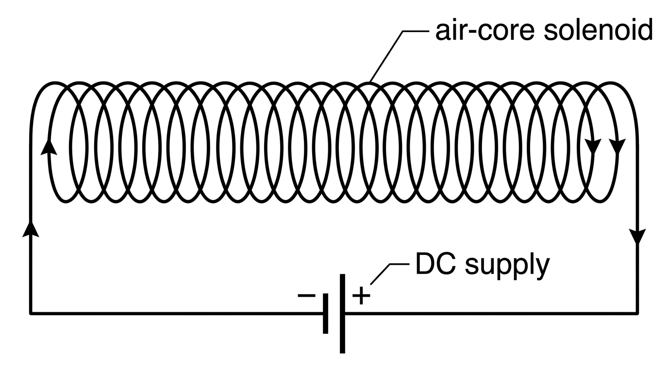 Long air-core solenoid connected to a DC supply; current direction around turns indicated sufficiently to identify the solenoid but without field lines drawn.
