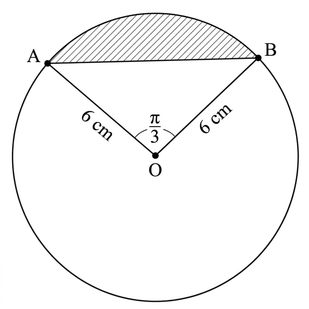 A circle sector with centre $O$ and radii $OA$ and $OB$ forming an angle labelled $\pi/3$. The radii are labelled $6\text{ cm}$. The chord $AB$ is drawn, and the minor segment between the chord and the arc is shaded.