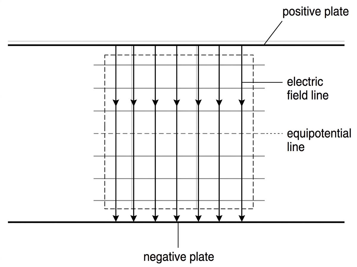 Side view of two large parallel plates with central region emphasized; field lines and equipotential lines may be represented as two families of perpendicular lines without numerical labels.