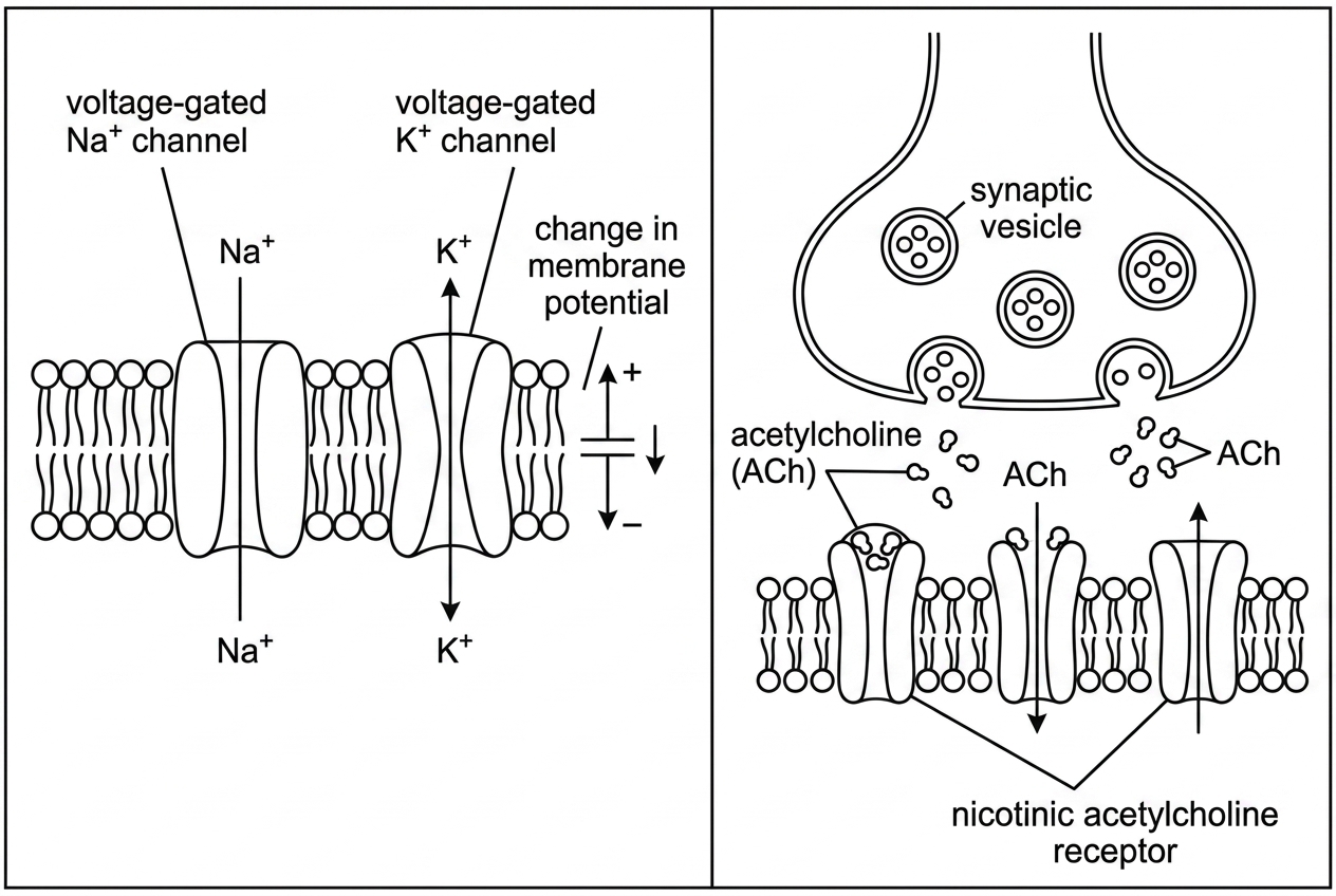 A two-part diagram. The first part shows a section of axon membrane with labelled voltage change across the membrane and two different transmembrane ion channels for $Na^+$ and $K^+$. The second part shows a neuromuscular junction with acetylcholine molecules in the synaptic cleft binding to receptor channels in the postsynaptic membrane. Arrows show ion movement only after channels open, but the direction and outcomes are not annotated.