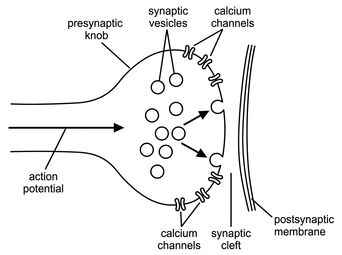 A diagram of a presynaptic knob facing a postsynaptic membrane across a narrow synaptic cleft. The presynaptic knob contains synaptic vesicles and calcium channels. Arrows indicate arrival of an action potential and movement of vesicles toward the presynaptic membrane, without naming the sequence of events.