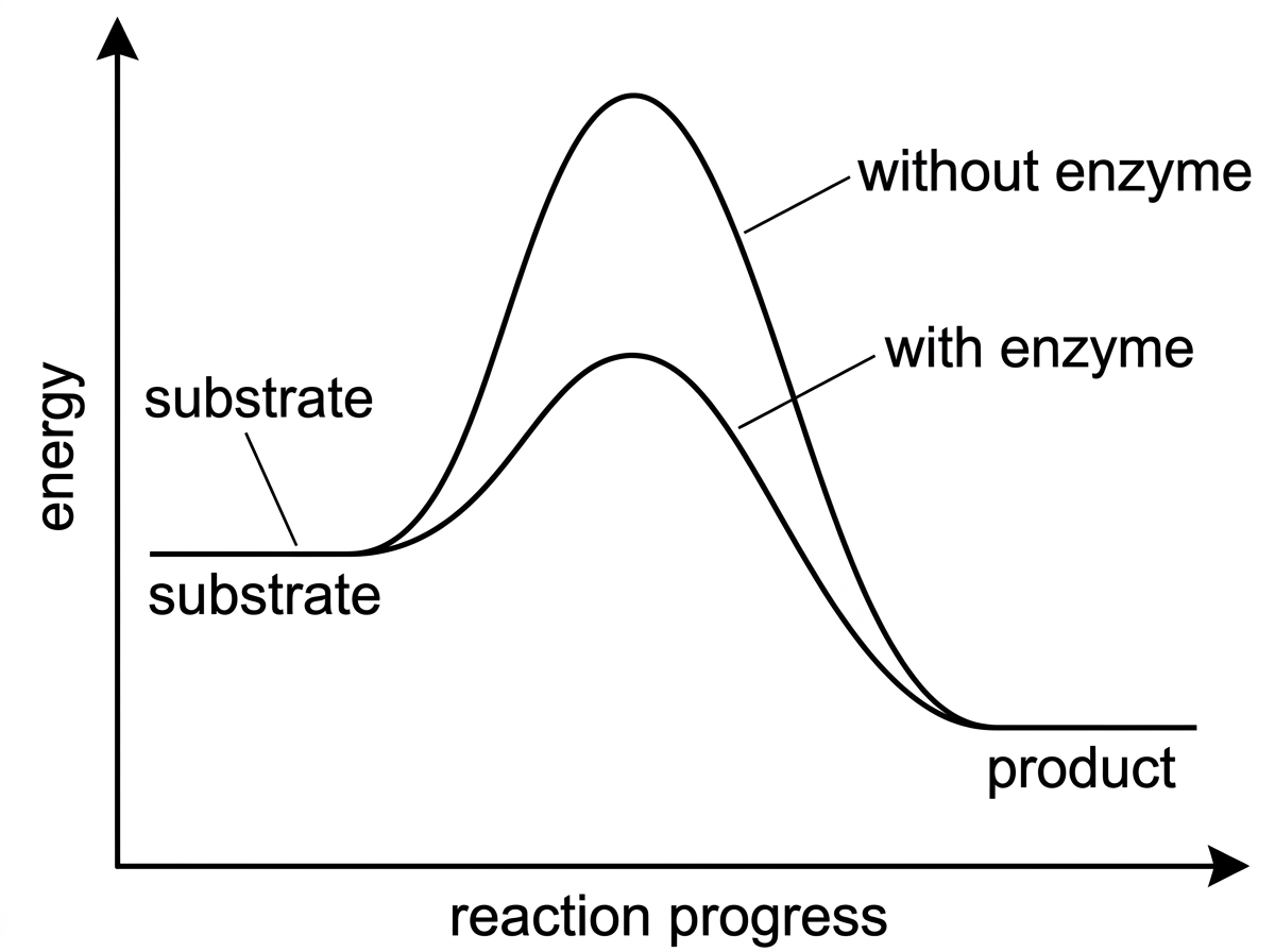 Energy profile diagram with reaction progress on the x-axis and energy on the y-axis, showing uncatalysed and enzyme-catalysed curves with the same substrate and product energy levels but different peak heights.
