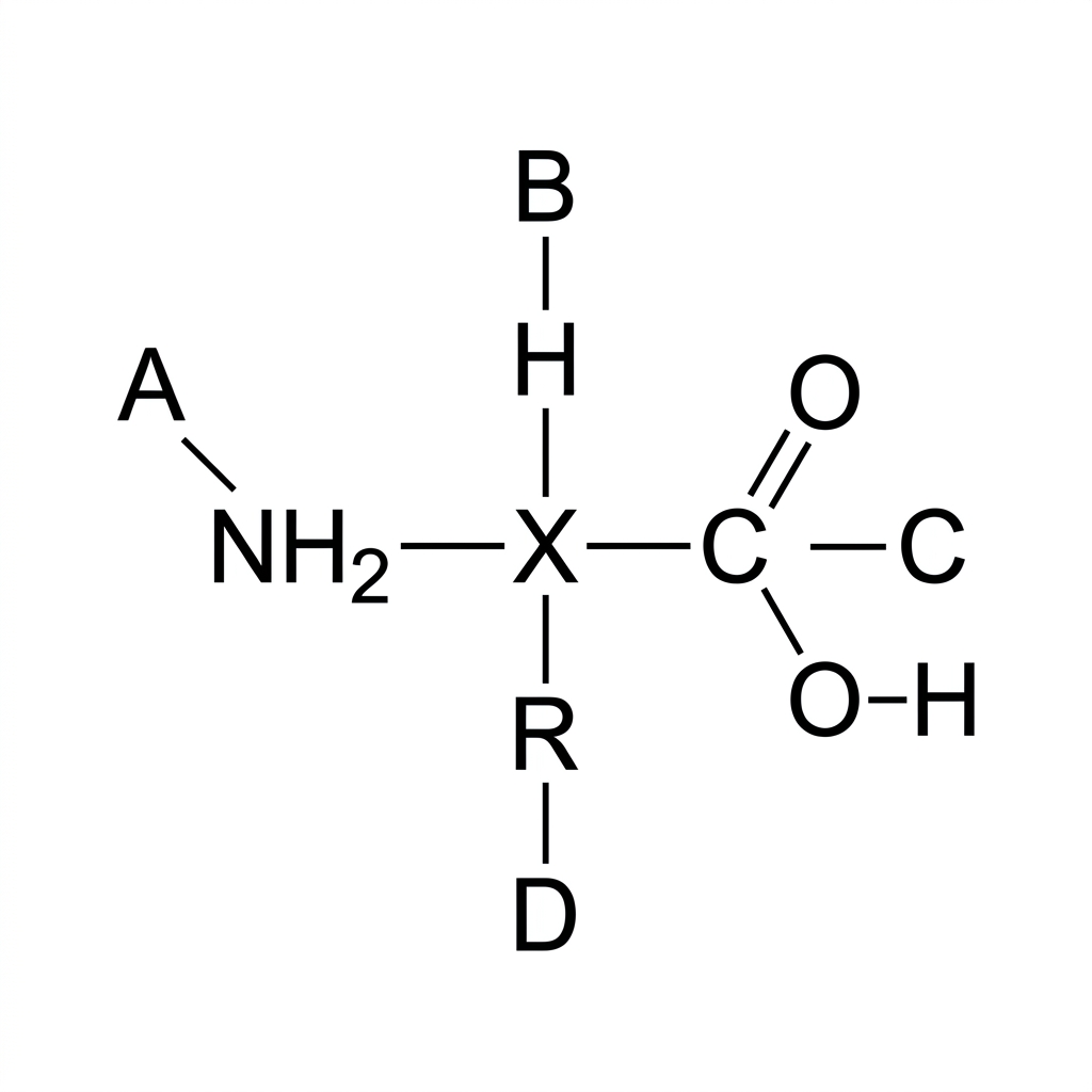 An annotated structural diagram of a generalized amino acid. A central carbon atom is labelled X and is bonded by single covalent bonds to four labelled groups A, B, C and D. The labelled groups must include an amine group, a carboxyl group, a hydrogen atom and a variable R-group, but the diagram should not name which label corresponds to each group. The diagram should show enough atoms in each group for the amine and carboxyl groups to be distinguished.
