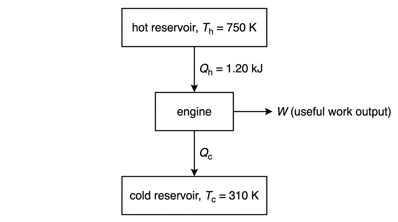 A schematic energy-flow diagram for a heat engine between a hot reservoir and a cold reservoir. Arrows show input energy from the hot reservoir, useful work output, and rejected energy to the cold reservoir.