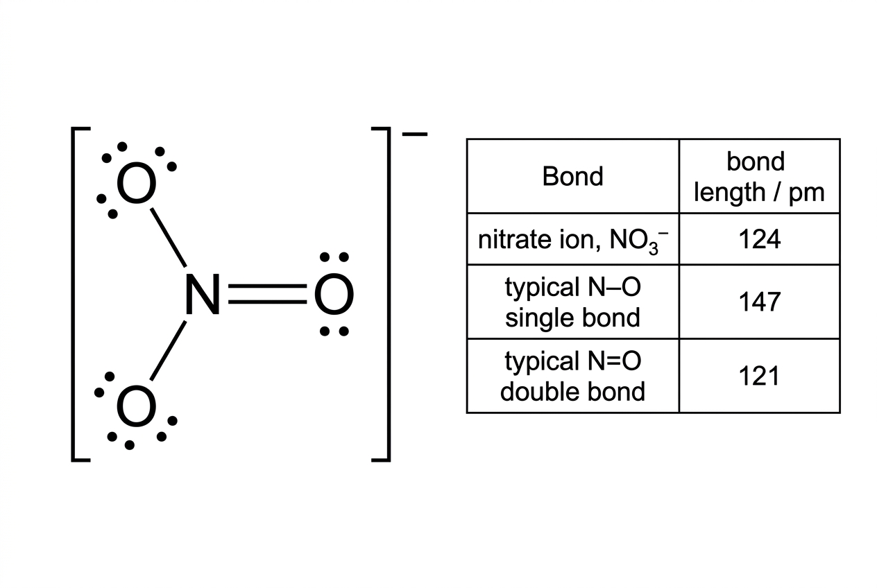 A bracketed Lewis formula for one resonance structure of $NO_3^-$ showing a central nitrogen atom bonded to three oxygen atoms, with one $N=O$ double bond and two $N-O$ single bonds. Lone pairs and the overall charge are shown. A small table gives measured equal $N-O$ bond lengths in nitrate and typical single and double $N-O$ bond lengths. The visual does not state sigma or pi bond counts.