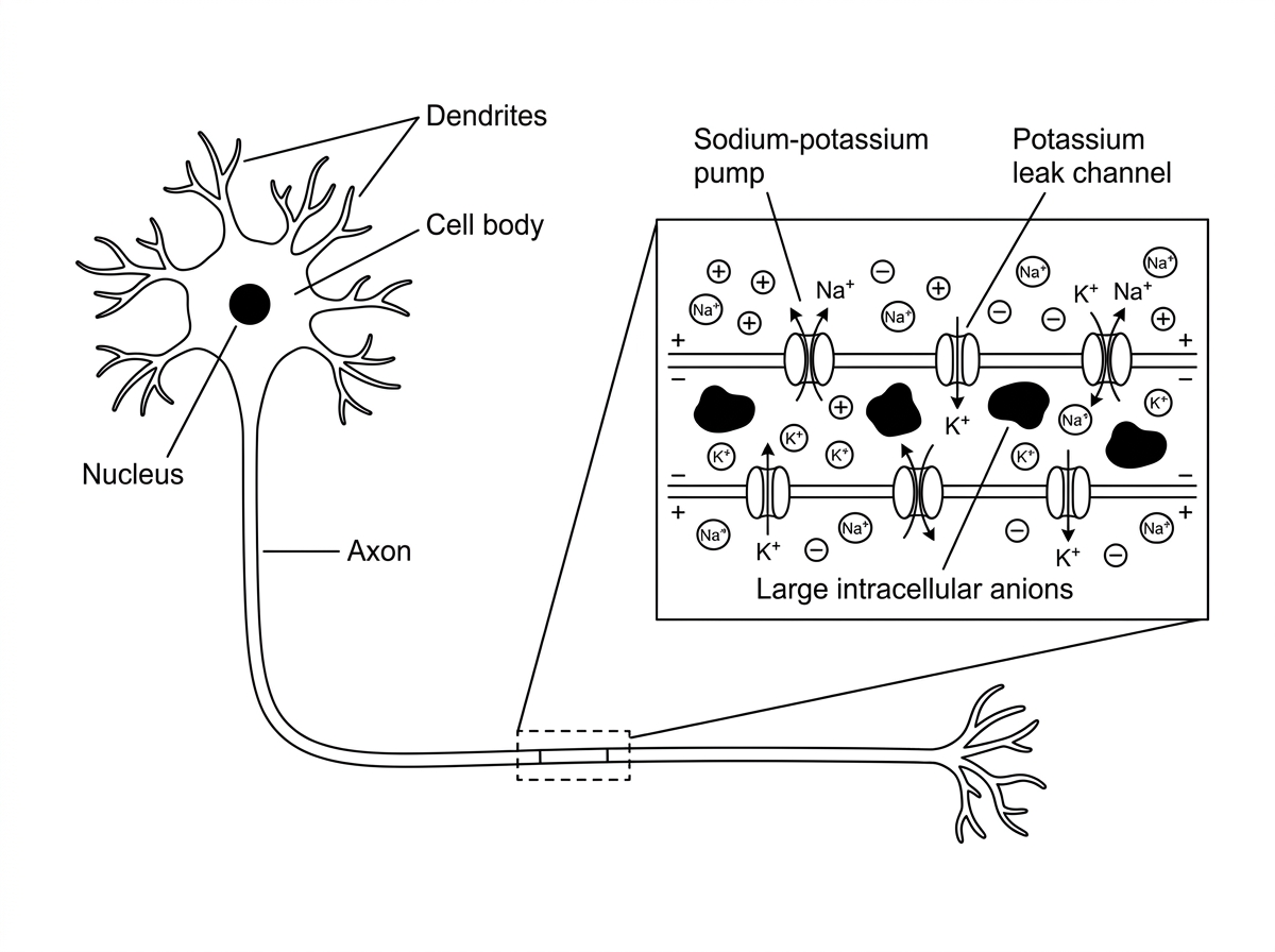 A labelled motor neuron with cell body, nucleus, dendrites and a single long axon. An inset shows a small region of axon membrane with sodium-potassium pumps, potassium leak channels, large intracellular anions, and unequal sodium and potassium ion distributions. The diagram should show ion gradients and membrane polarity but not include numerical membrane potential values or the pump stoichiometry.