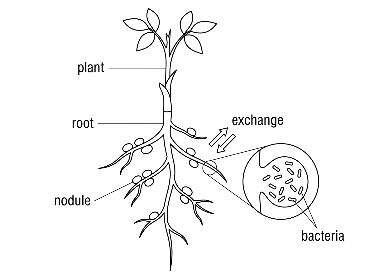 Diagram of a legume root with enlarged root nodules and bacteria indicated inside a nodule; labels should include root, nodule, plant, bacteria, and exchange arrows without revealing detailed benefits.