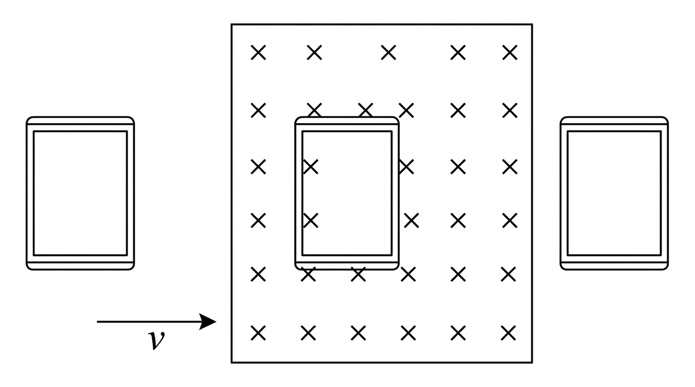 A rectangular coil moving horizontally to the right through a sharply bounded rectangular region of uniform magnetic field into the page. The coil begins outside the left boundary, passes fully inside the field region, then leaves through the right boundary. Show the field region with evenly spaced cross symbols and an arrow indicating the coil's motion.