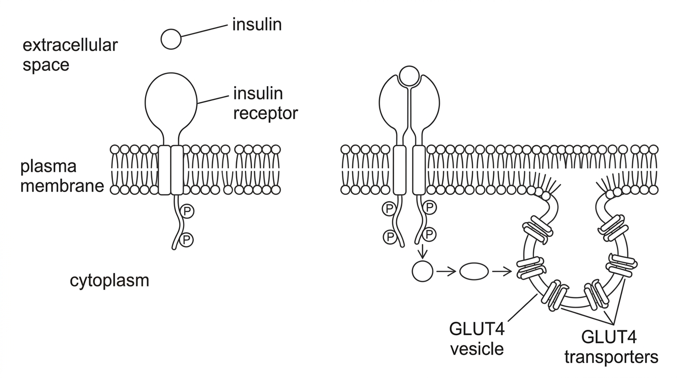 A sequence diagram showing insulin outside a target cell binding to an insulin receptor in the plasma membrane, phosphorylation sites on the cytoplasmic region of the receptor, intracellular signalling proteins, vesicles containing GLUT4 transporters and fusion of vesicles with the plasma membrane. The diagram should show before and after states but should not label the phosphorylation mechanism in full.