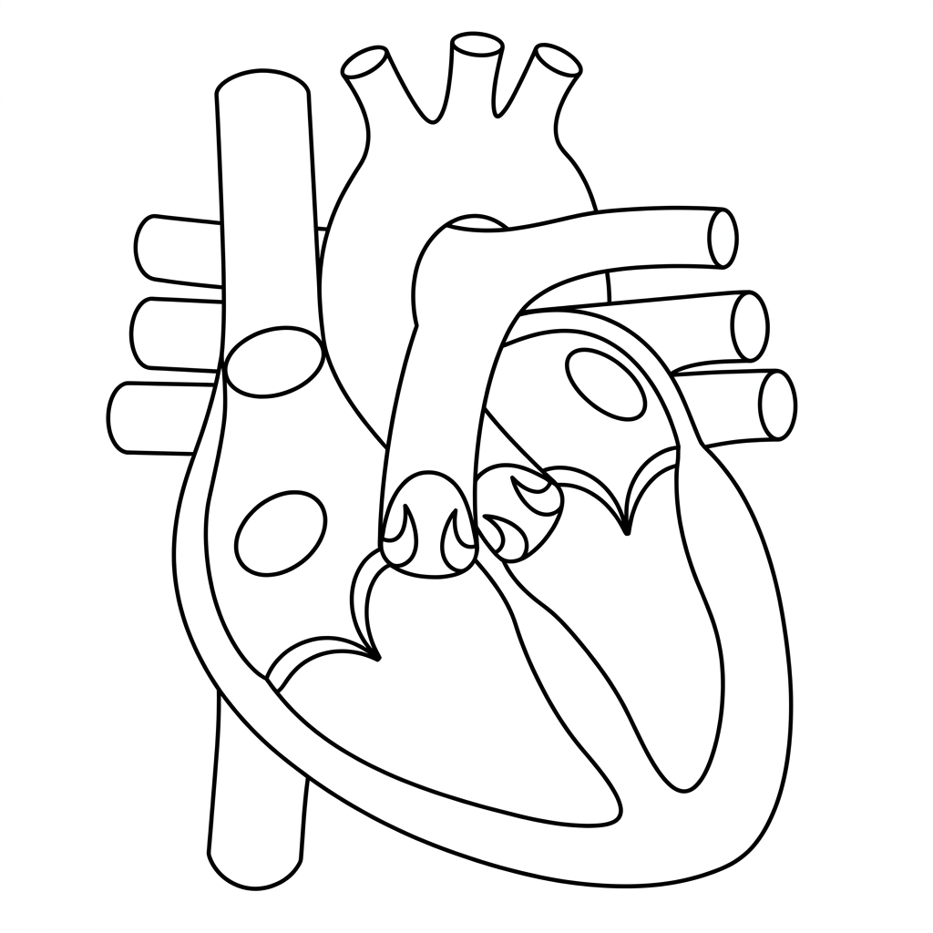 Frontal diagram of a mammalian heart with chambers and major vessels drawn but not labelled; arrows are absent so students must trace the route.