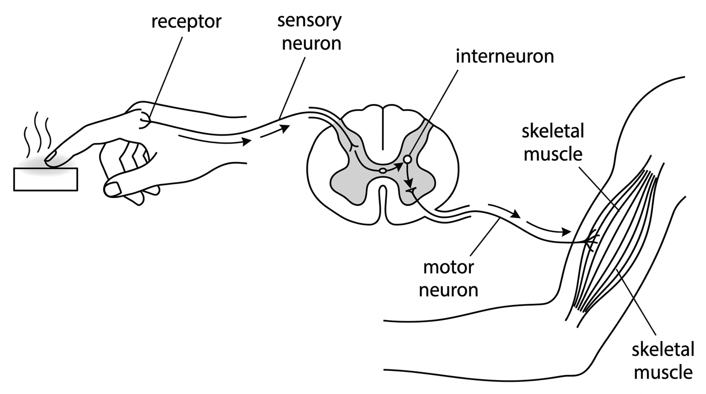 Flow diagram of a hand touching a hot object with arrows to spinal cord grey matter and back to an arm muscle; include receptor, sensory neuron, interneuron, motor neuron and skeletal muscle labels without showing sequence text.